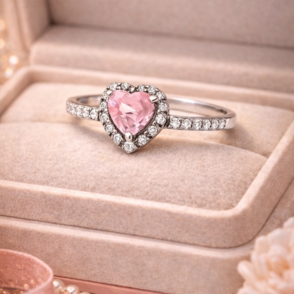 Size 7 Heart-Shaped Pink Stone Silver Ring NEW